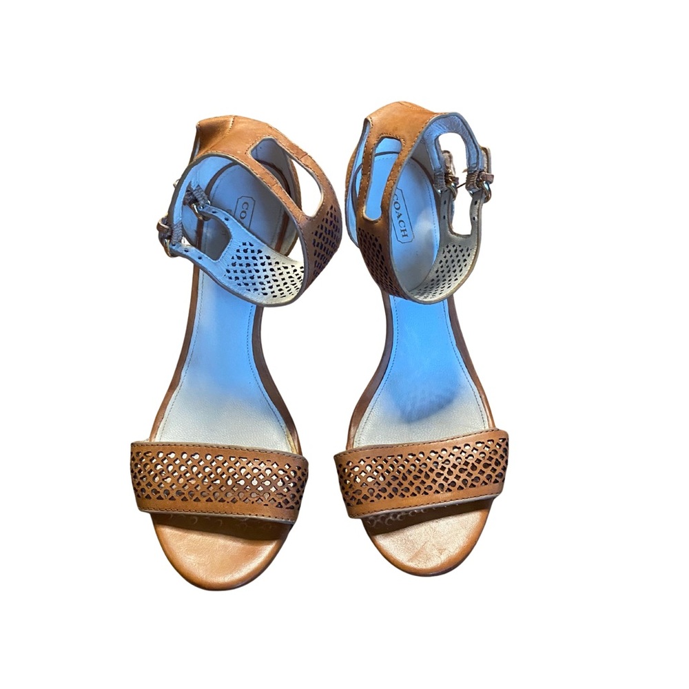 COACH GABRIE Leather Perforated Wedge Sandals Tan Size 9.5